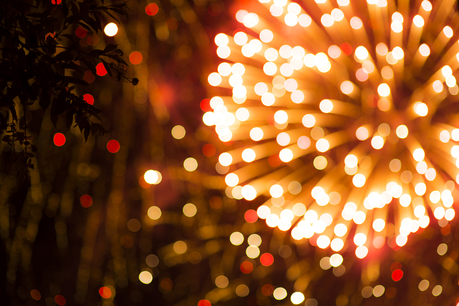 Colorful Firework. Amazing Fireworks With Bokeh From Drops On Th
