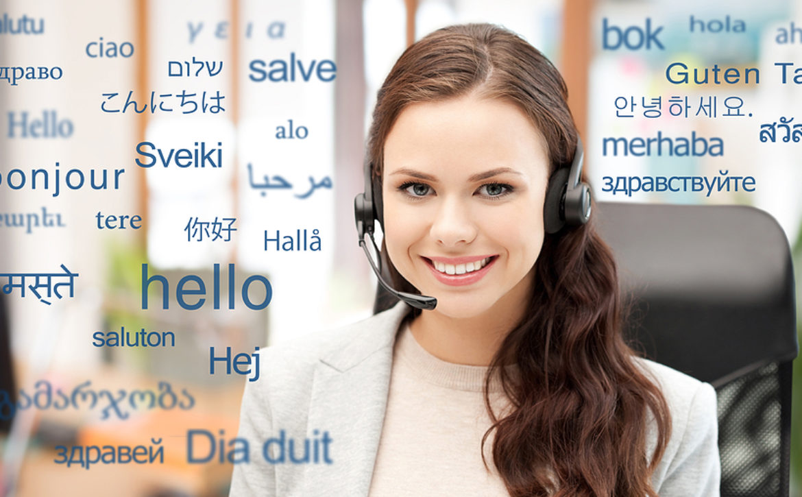translation, business and technology concept - smiling female tr