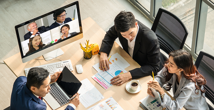 Video Call Group Business People Meeting On Virtual Workplace Or